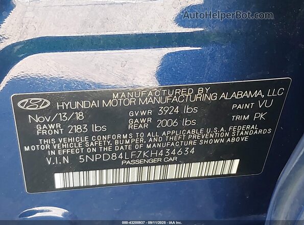 5NPD84LF7KH434634 2019 HYUNDAI ELANTRA Blue Շարժիչի բաժամունքի տեսք
