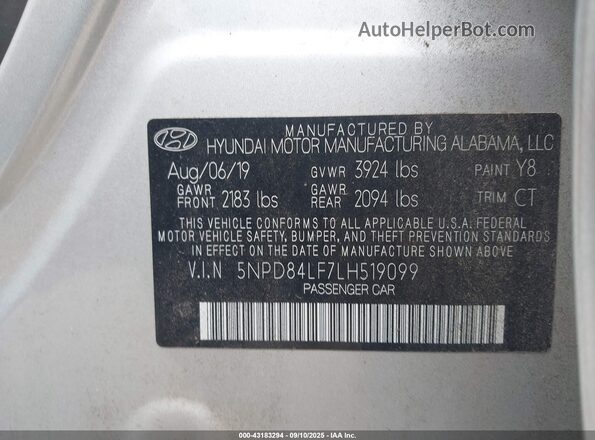 5NPD84LF7LH519099 2020 HYUNDAI ELANTRA Silver Engine compartment view