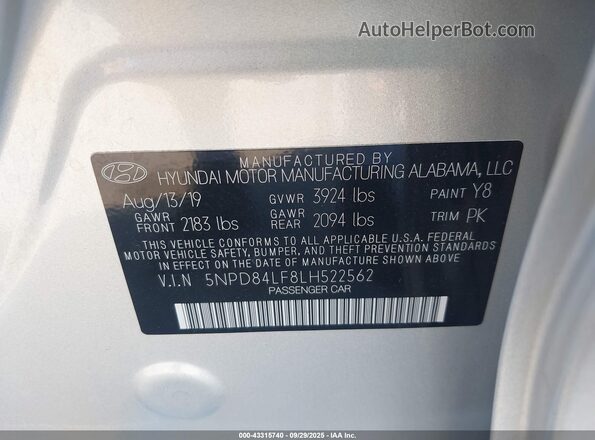 5NPD84LF8LH522562 2020 HYUNDAI ELANTRA Silver Շարժիչի բաժամունքի տեսք