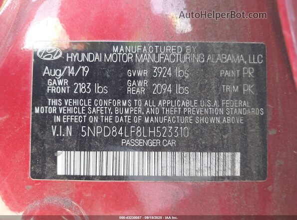 5NPD84LF8LH523310 2020 HYUNDAI ELANTRA Red Շարժիչի բաժամունքի տեսք