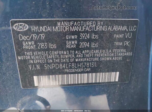 5NPD84LF8LH578131 2020 HYUNDAI ELANTRA Dark Blue ძრავის განყოფილების ხედი