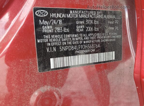 5NPD84LF9JH368764 2018 HYUNDAI ELANTRA Red 