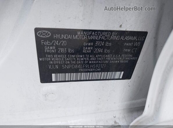 5NPD84LF9LH592121 2020 HYUNDAI ELANTRA White Вид підкапотного простору