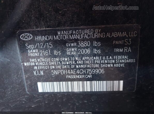 5NPDH4AE4GH759906 2016 HYUNDAI ELANTRA Черный Вид подкапотного пространства
