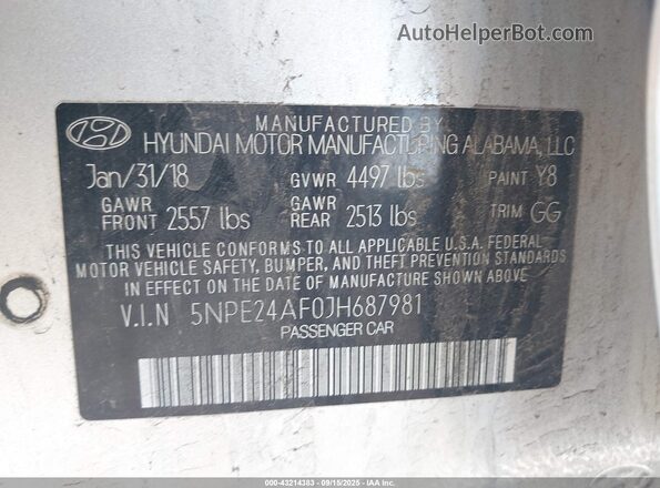 5NPE24AF0JH687981 2018 HYUNDAI SONATA Silver 
