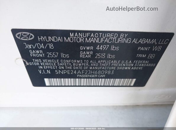5NPE24AF2JH680983 2018 HYUNDAI SONATA White 