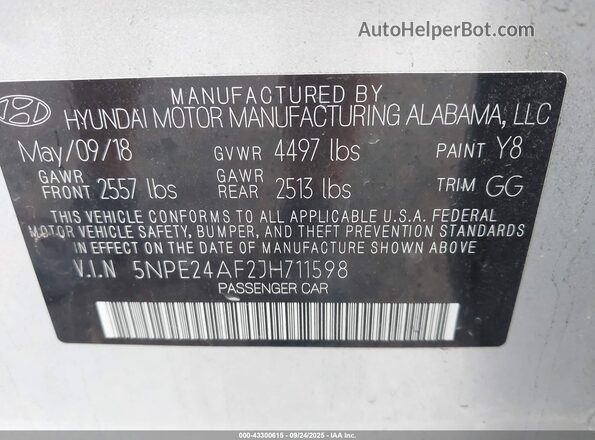 5NPE24AF2JH711598 2018 HYUNDAI SONATA Серебряный 
