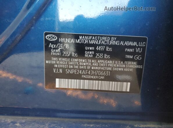 5NPE24AF4JH706631 2018 HYUNDAI SONATA Blue 