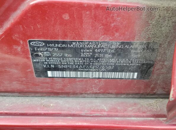 5NPE34AF6KH776582 2019 HYUNDAI SONATA Red ძრავის განყოფილების ხედი