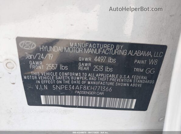 5NPE34AF8KH771366 2019 HYUNDAI SONATA Белый Вид подкапотного пространства