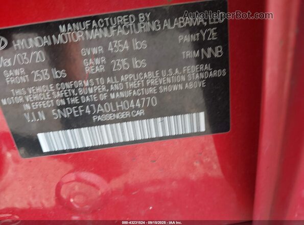 5NPEF4JA0LH044770 2020 HYUNDAI SONATA Red Շարժիչի բաժամունքի տեսք