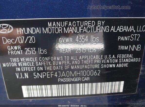 5NPEF4JA0MH100062 2021 HYUNDAI SONATA Blue Widok komory silnika