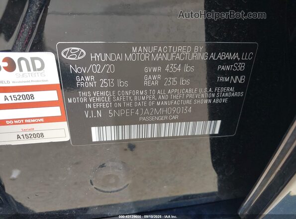 5NPEF4JA2MH090134 2021 HYUNDAI SONATA Черный Вид подкапотного пространства
