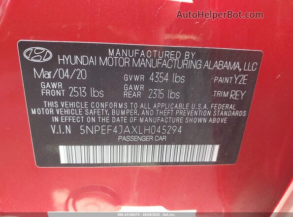 5NPEF4JAXLH045294 2020 HYUNDAI SONATA Red Engine compartment view