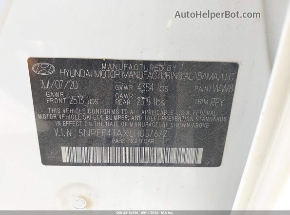 5NPEF4JAXLH057672 2020 HYUNDAI SONATA White Widok komory silnika