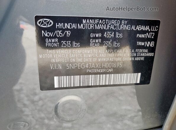 5NPEG4JAXLH001695 2020 HYUNDAI SONATA Gray VIN կոդի պիտակի տեսք