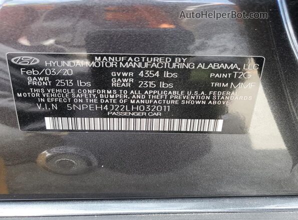 5NPEH4J22LH032011 2020 HYUNDAI SONATA Black Շարժիչի բաժամունքի տեսք