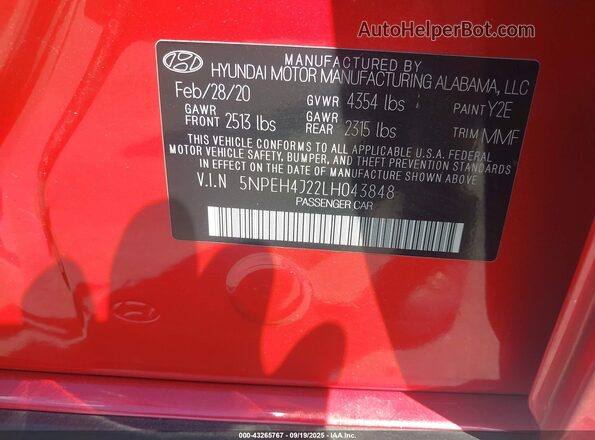5NPEH4J22LH043848 2020 HYUNDAI SONATA Red Շարժիչի բաժամունքի տեսք