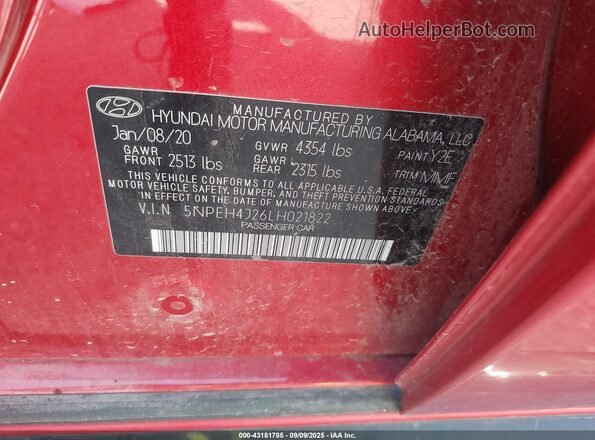5NPEH4J26LH021822 2020 HYUNDAI SONATA Red Vista del compartimento del motor