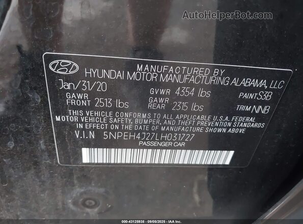 5NPEH4J27LH031727 2020 HYUNDAI SONATA Black ძრავის განყოფილების ხედი
