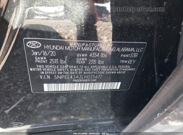 5NPEL4JA2LH025677 2020 HYUNDAI SONATA Черный Вид подкапотного пространства