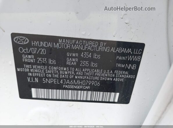 5NPEL4JA6MH079906 2021 HYUNDAI SONATA White 