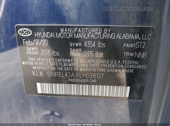5NPEL4JAXLH038127 2020 HYUNDAI SONATA Blue ძრავის განყოფილების ხედი