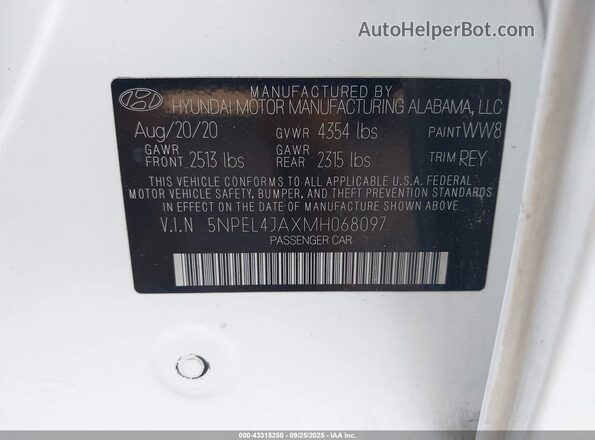 5NPEL4JAXMH068097 2021 HYUNDAI SONATA Белый 