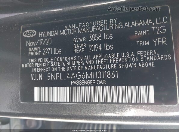 5NPLL4AG6MH011861 2021 HYUNDAI ELANTRA Gray 