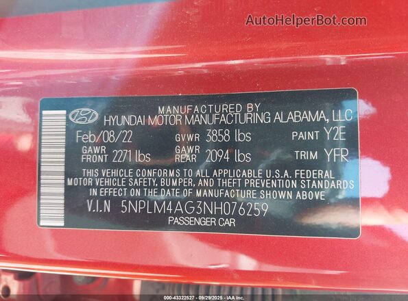 5NPLM4AG3NH076259 2022 HYUNDAI ELANTRA Red Engine compartment view