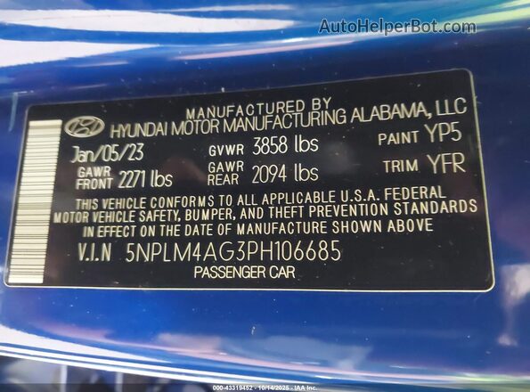 5NPLM4AG3PH106685 2023 HYUNDAI ELANTRA Blue Vista del compartimento del motor
