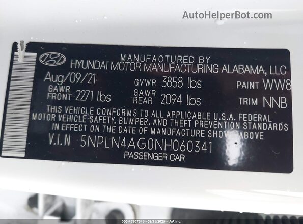 5NPLN4AG0NH060341 2022 HYUNDAI ELANTRA White 