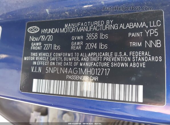 5NPLN4AG1MH012717 2021 HYUNDAI ELANTRA Blue Հետևի նստատեղերի տեսք