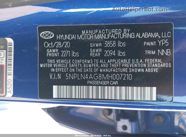 5NPLN4AG8MH007210 2021 HYUNDAI ELANTRA Blue Շարժիչի բաժամունքի տեսք
