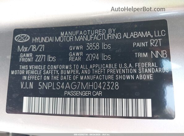5NPLS4AG7MH042328 2021 HYUNDAI ELANTRA Gray Engine compartment view