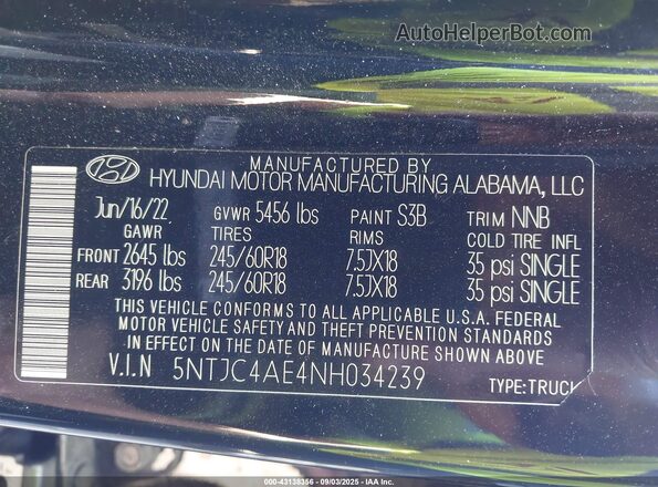 5NTJC4AE4NH034239 2022 HYUNDAI SANTA CRUZ Black Engine compartment view