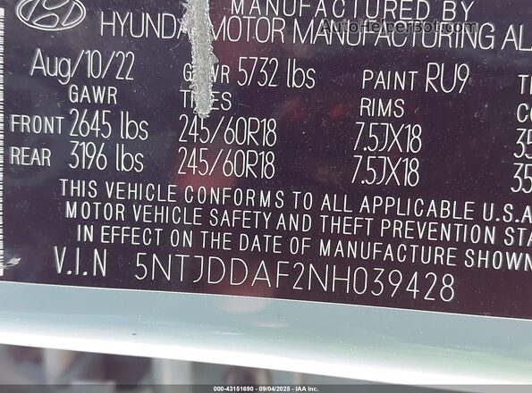 5NTJDDAF2NH039428 2022 HYUNDAI SANTA CRUZ Light Blue Շարժիչի բաժամունքի տեսք