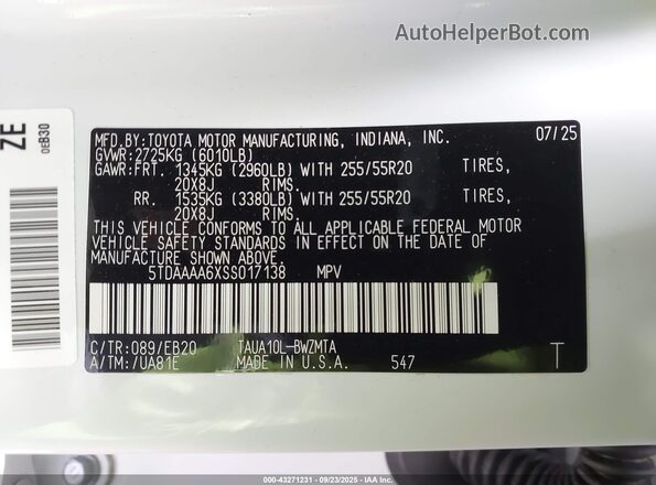 5TDAAAA6XSS017138 2025 LEXUS TX 350 White Vista del compartimento del motor