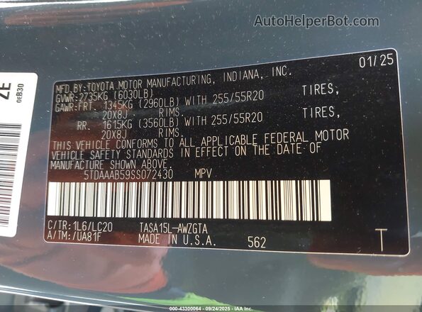 5TDAAAB59SS072430 2025 TOYOTA LIMITED Blue Vista del compartimento del motor