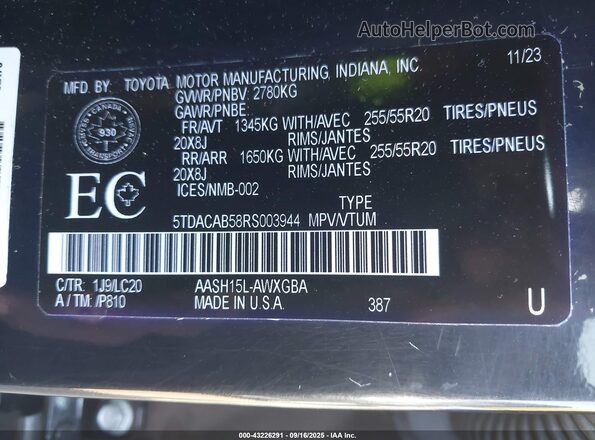 5TDACAB58RS003944 2024 TOYOTA LE Black Շարժիչի բաժամունքի տեսք