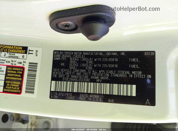 5TDCZRAHXLS503080 2020 TOYOTA HIGHLANDER White Вид підкапотного простору