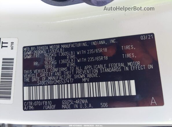 5TDCZRBH2MS537417 2021 TOYOTA HIGHLANDER White Շարժիչի բաժամունքի տեսք