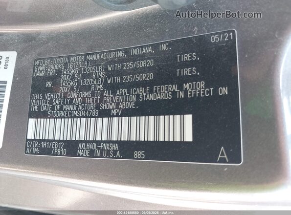 5TDDRKEC1MS044789 2021 TOYOTA SIENNA Gray 