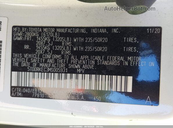 5TDDRKEC3MS005931 2021 TOYOTA SIENNA White ძრავის განყოფილების ხედი