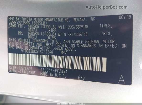 5TDDZ3DC5LS232348 2020 TOYOTA LIMITED Silver Вид підкапотного простору