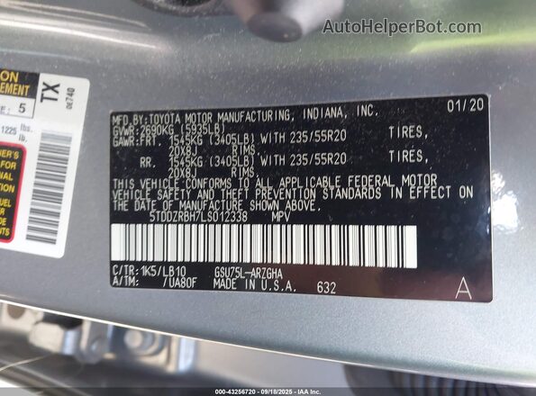 5TDDZRBH7LS012338 2020 TOYOTA LIMITED Gray Շարժիչի բաժամունքի տեսք