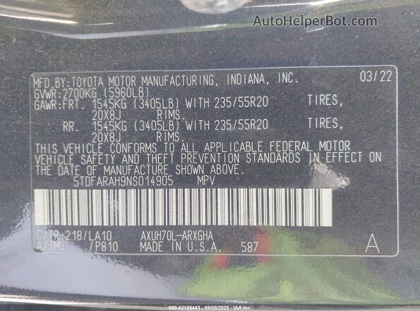 5TDFARAH9NS014905 2022 TOYOTA HIGHLANDER HYBRID Черный 
