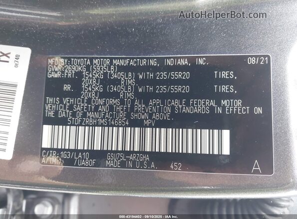 5TDFZRBH1MS146854 2021 TOYOTA HIGHLANDER Gray Engine compartment view