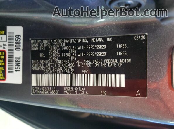 5TDJY5G13LS178429 2020 TOYOTA LIMITED Gray VIN კოდის სტიკერის ხედი