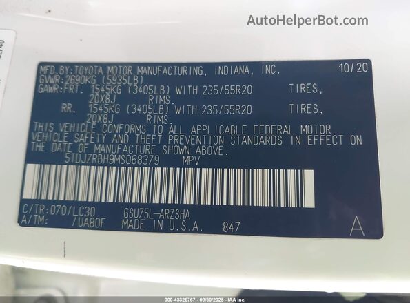 5TDJZRBH9MS068379 2021 TOYOTA HIGHLANDER Белый Вид подкапотного пространства